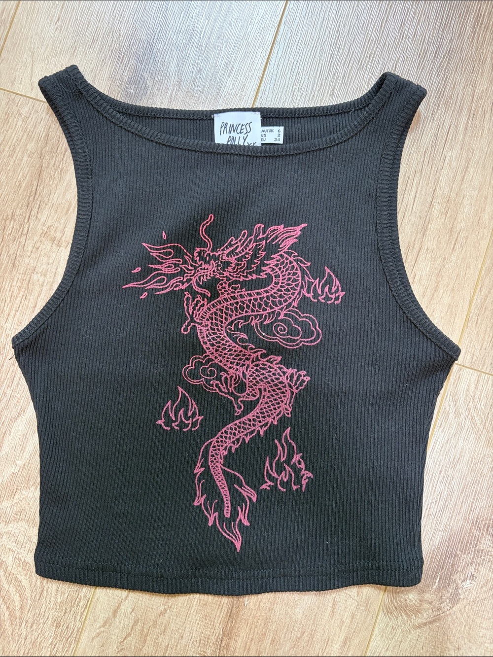 Princess Polly Black Ribbed Crop Tank with Pinkish Red Dragon Graphic